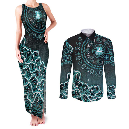 Brisbane Heat Cricket Mascot Couples Matching Tank Maxi Dress and Long Sleeve Button Shirt Aboriginal Dot Art Cyan And Black Tribal Pattern
