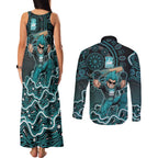 Brisbane Heat Cricket Mascot Couples Matching Tank Maxi Dress and Long Sleeve Button Shirt Aboriginal Dot Art Cyan And Black Tribal Pattern