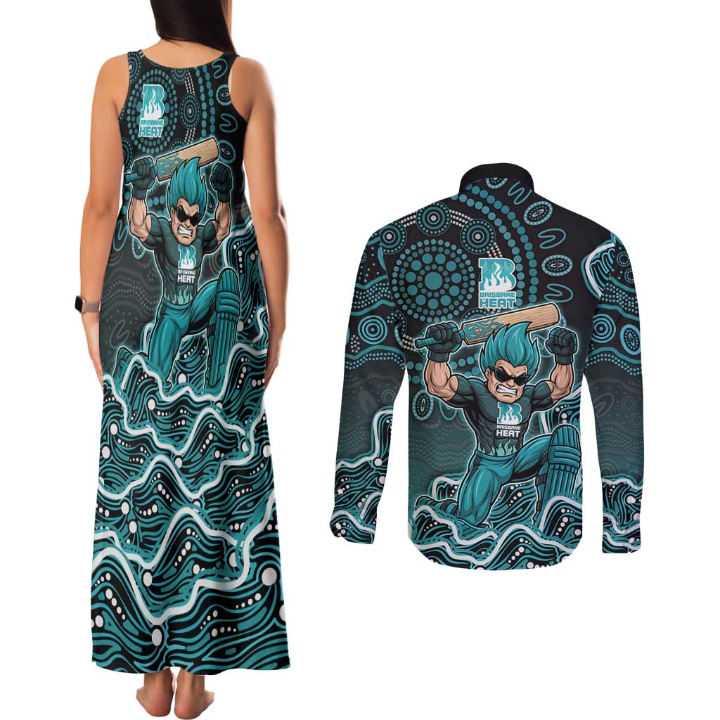 Brisbane Heat Cricket Mascot Couples Matching Tank Maxi Dress and Long Sleeve Button Shirt Aboriginal Dot Art Cyan And Black Tribal Pattern