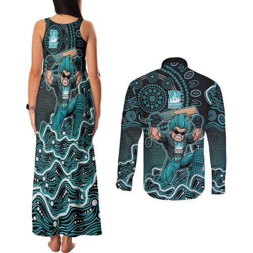Brisbane Heat Cricket Mascot Couples Matching Tank Maxi Dress and Long Sleeve Button Shirt Aboriginal Dot Art Cyan And Black Tribal Pattern