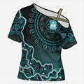 Brisbane Heat Cricket Mascot Cross Shoulder Shirt Aboriginal Dot Art Cyan And Black Tribal Pattern