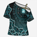 Brisbane Heat Cricket Mascot Cross Shoulder Shirt Aboriginal Dot Art Cyan And Black Tribal Pattern