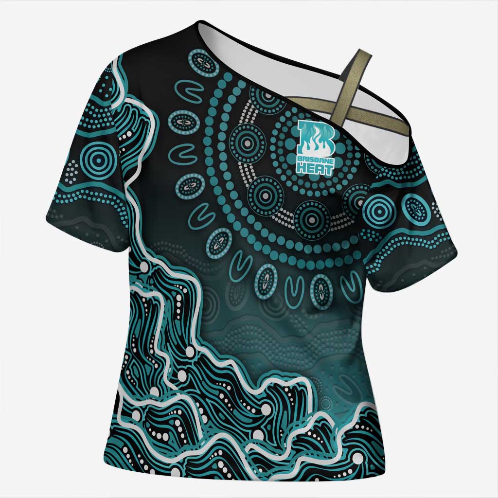 Brisbane Heat Cricket Mascot Cross Shoulder Shirt Aboriginal Dot Art Cyan And Black Tribal Pattern
