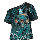 Brisbane Heat Cricket Mascot Cross Shoulder Shirt Aboriginal Dot Art Cyan And Black Tribal Pattern