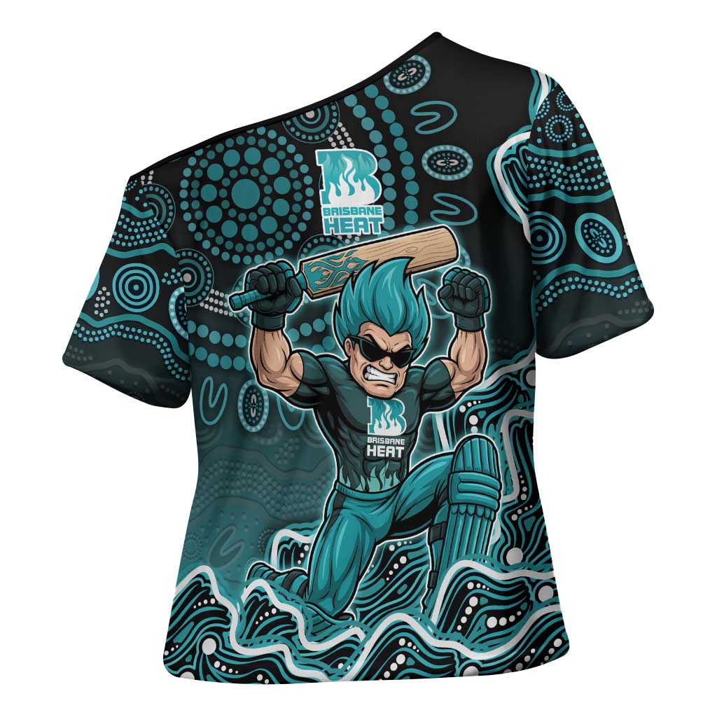 Brisbane Heat Cricket Mascot Cross Shoulder Shirt Aboriginal Dot Art Cyan And Black Tribal Pattern