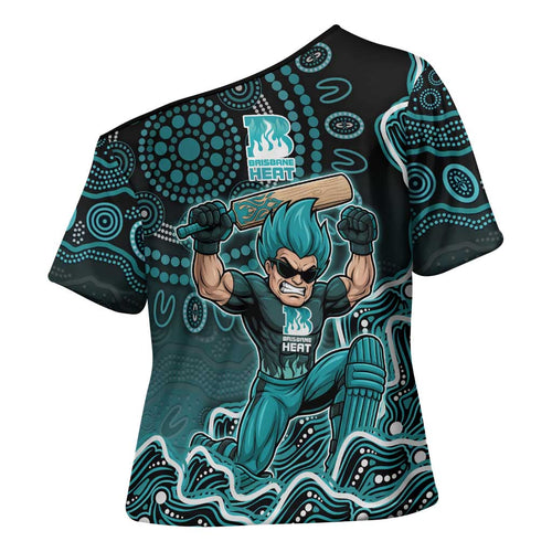 Brisbane Heat Cricket Mascot Cross Shoulder Shirt Aboriginal Dot Art Cyan And Black Tribal Pattern