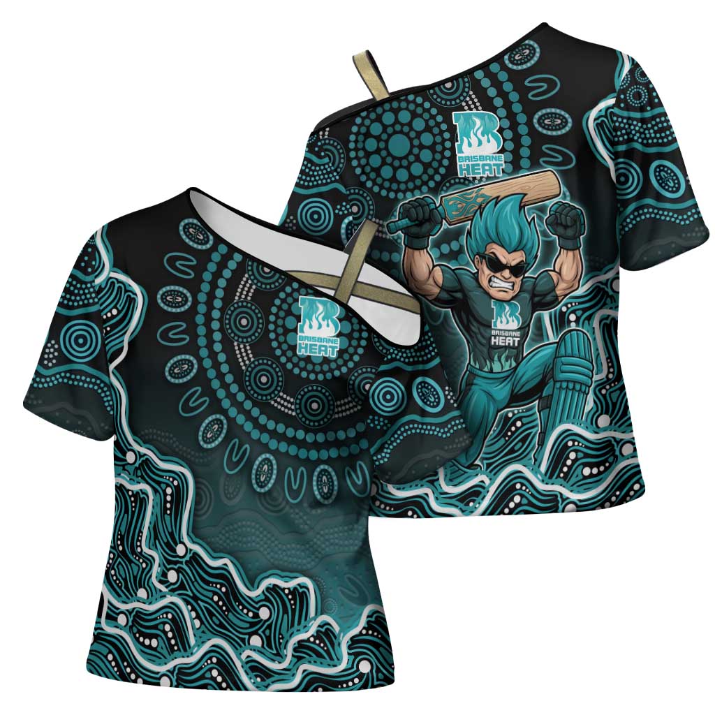 Brisbane Heat Cricket Mascot Cross Shoulder Shirt Aboriginal Dot Art Cyan And Black Tribal Pattern