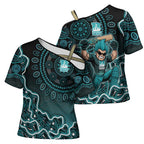 Brisbane Heat Cricket Mascot Cross Shoulder Shirt Aboriginal Dot Art Cyan And Black Tribal Pattern