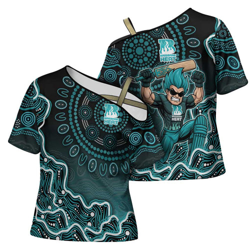Brisbane Heat Cricket Mascot Cross Shoulder Shirt Aboriginal Dot Art Cyan And Black Tribal Pattern