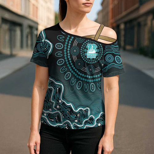Brisbane Heat Cricket Mascot Cross Shoulder Shirt Aboriginal Dot Art Cyan And Black Tribal Pattern