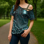 Brisbane Heat Cricket Mascot Cross Shoulder Shirt Aboriginal Dot Art Cyan And Black Tribal Pattern