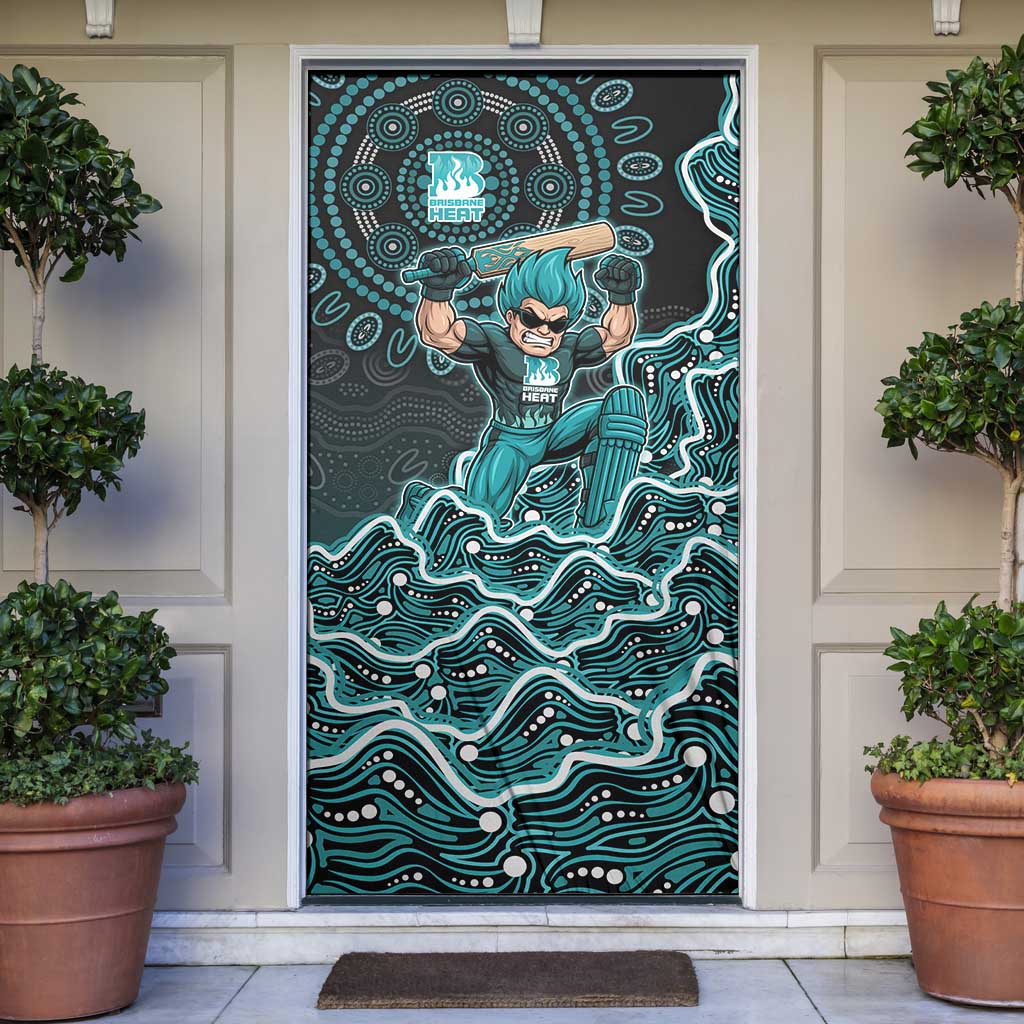 Brisbane Heat Cricket Mascot Door Cover Aboriginal Dot Art Cyan And Black Tribal Pattern