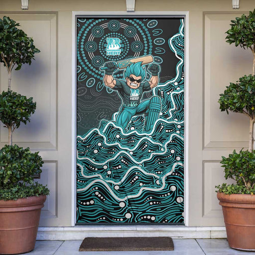 Brisbane Heat Cricket Mascot Door Cover Aboriginal Dot Art Cyan And Black Tribal Pattern