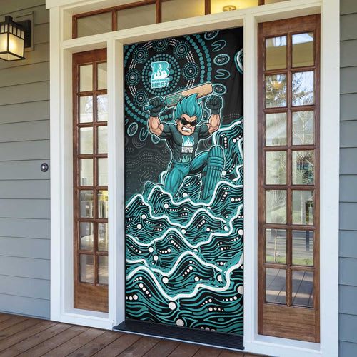 Brisbane Heat Cricket Mascot Door Cover Aboriginal Dot Art Cyan And Black Tribal Pattern
