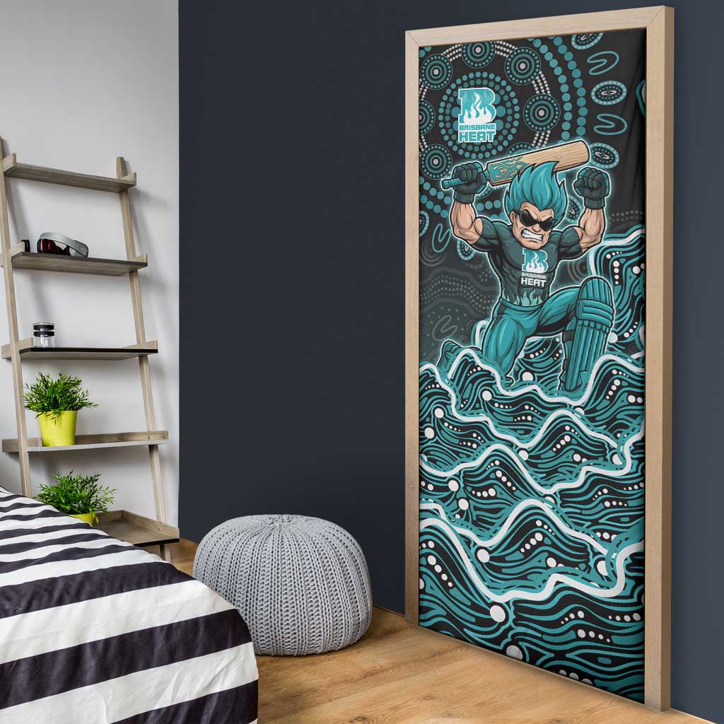 Brisbane Heat Cricket Mascot Door Cover Aboriginal Dot Art Cyan And Black Tribal Pattern
