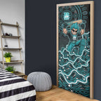 Brisbane Heat Cricket Mascot Door Cover Aboriginal Dot Art Cyan And Black Tribal Pattern