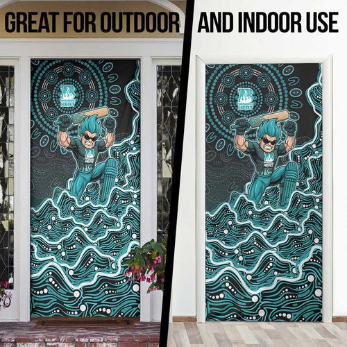 Brisbane Heat Cricket Mascot Door Cover Aboriginal Dot Art Cyan And Black Tribal Pattern