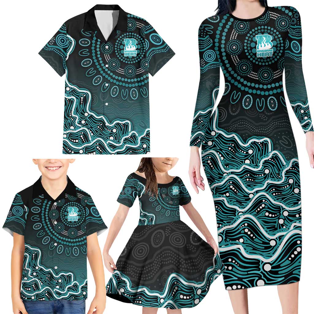 Brisbane Heat Cricket Mascot Family Matching Long Sleeve Bodycon Dress and Hawaiian Shirt Aboriginal Dot Art Cyan And Black Tribal Pattern