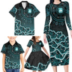 Brisbane Heat Cricket Mascot Family Matching Long Sleeve Bodycon Dress and Hawaiian Shirt Aboriginal Dot Art Cyan And Black Tribal Pattern