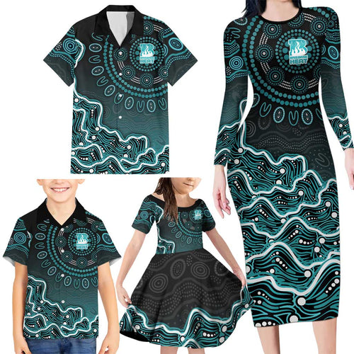 Brisbane Heat Cricket Mascot Family Matching Long Sleeve Bodycon Dress and Hawaiian Shirt Aboriginal Dot Art Cyan And Black Tribal Pattern