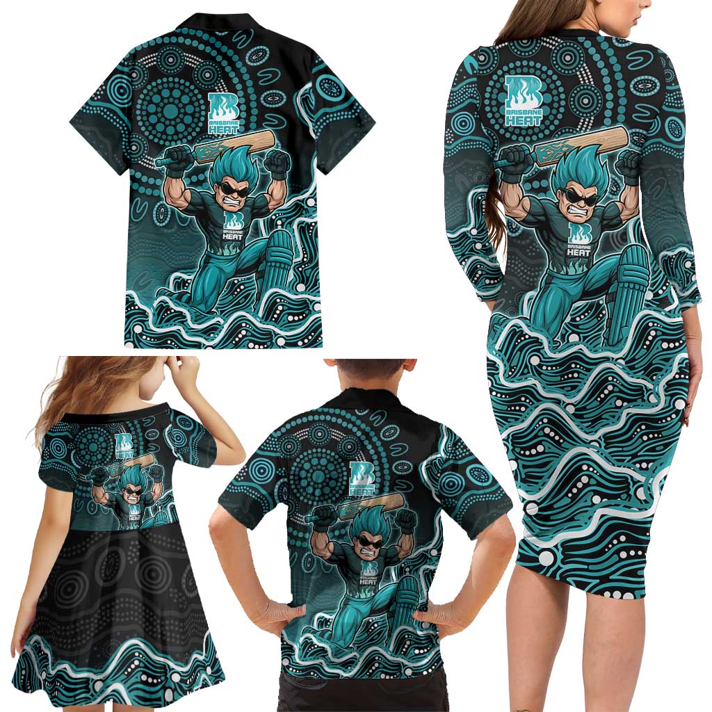 Brisbane Heat Cricket Mascot Family Matching Long Sleeve Bodycon Dress and Hawaiian Shirt Aboriginal Dot Art Cyan And Black Tribal Pattern