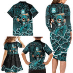 Brisbane Heat Cricket Mascot Family Matching Long Sleeve Bodycon Dress and Hawaiian Shirt Aboriginal Dot Art Cyan And Black Tribal Pattern