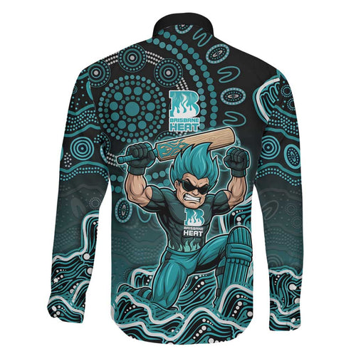 Brisbane Heat Cricket Mascot Family Matching Long Sleeve Bodycon Dress and Hawaiian Shirt Aboriginal Dot Art Cyan And Black Tribal Pattern