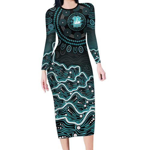 Brisbane Heat Cricket Mascot Family Matching Long Sleeve Bodycon Dress and Hawaiian Shirt Aboriginal Dot Art Cyan And Black Tribal Pattern