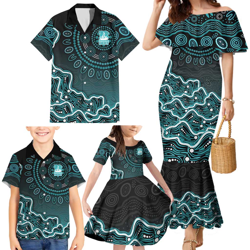 Brisbane Heat Cricket Mascot Family Matching Mermaid Dress and Hawaiian Shirt Aboriginal Dot Art Cyan And Black Tribal Pattern