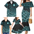 Brisbane Heat Cricket Mascot Family Matching Mermaid Dress and Hawaiian Shirt Aboriginal Dot Art Cyan And Black Tribal Pattern