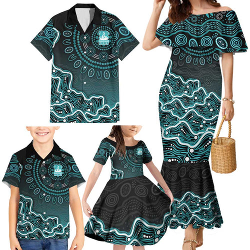 Brisbane Heat Cricket Mascot Family Matching Mermaid Dress and Hawaiian Shirt Aboriginal Dot Art Cyan And Black Tribal Pattern