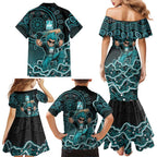 Brisbane Heat Cricket Mascot Family Matching Mermaid Dress and Hawaiian Shirt Aboriginal Dot Art Cyan And Black Tribal Pattern