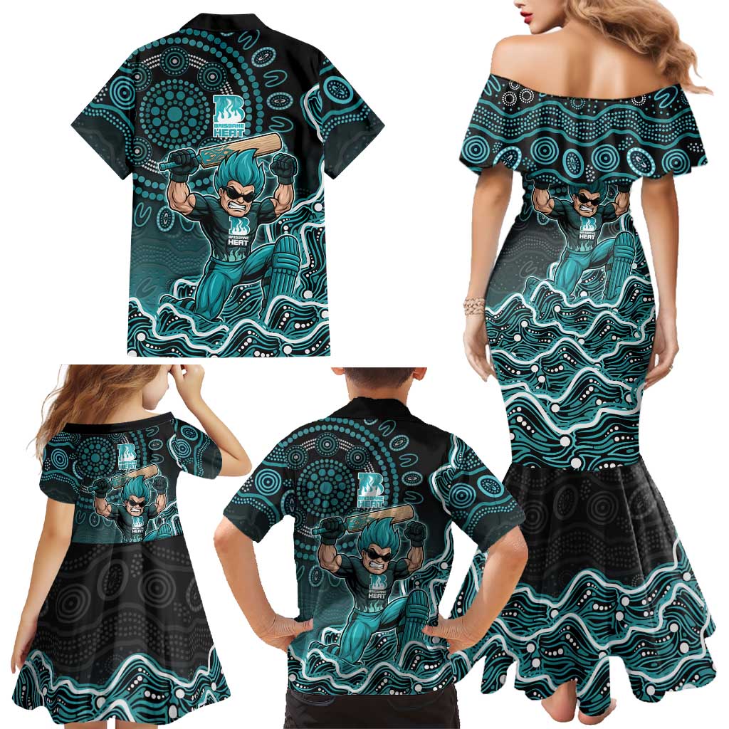 Brisbane Heat Cricket Mascot Family Matching Mermaid Dress and Hawaiian Shirt Aboriginal Dot Art Cyan And Black Tribal Pattern