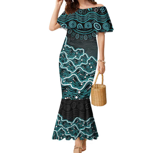 Brisbane Heat Cricket Mascot Family Matching Mermaid Dress and Hawaiian Shirt Aboriginal Dot Art Cyan And Black Tribal Pattern