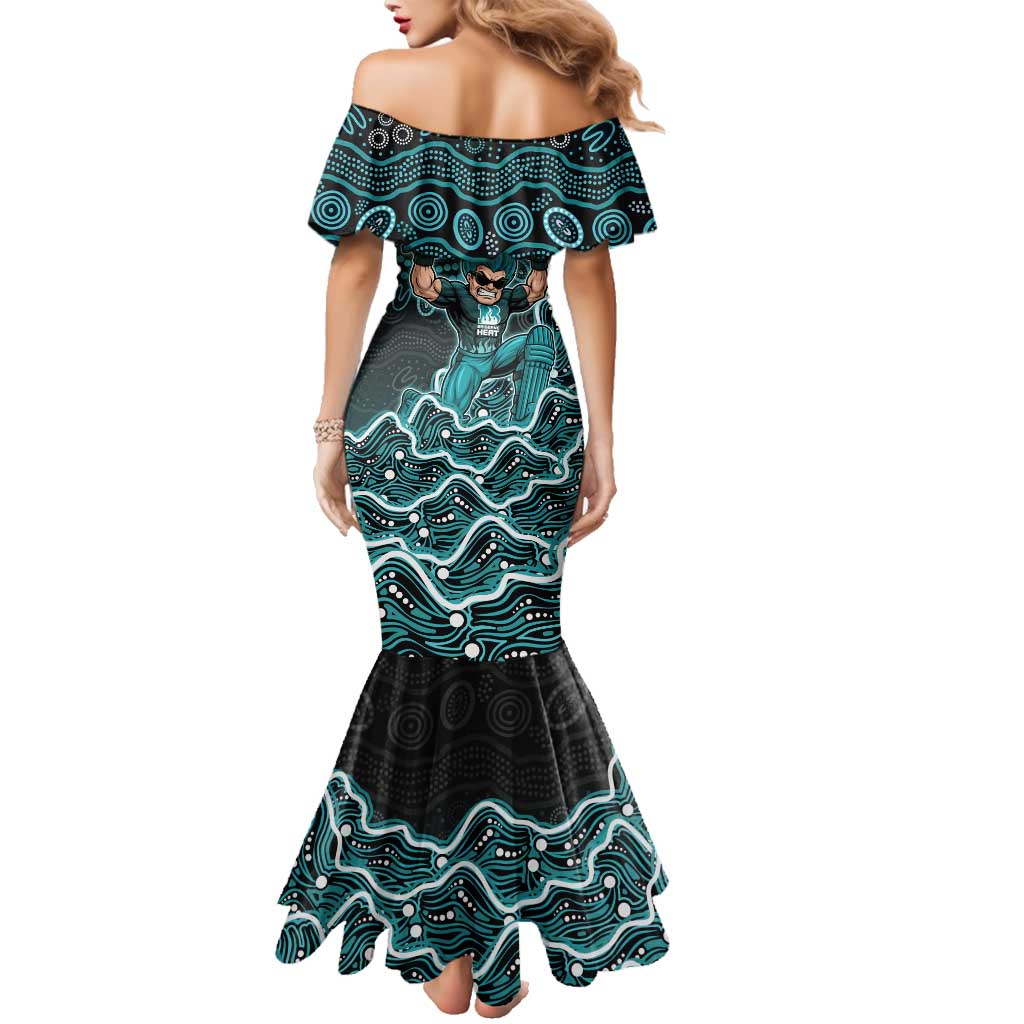 Brisbane Heat Cricket Mascot Family Matching Mermaid Dress and Hawaiian Shirt Aboriginal Dot Art Cyan And Black Tribal Pattern