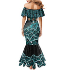 Brisbane Heat Cricket Mascot Family Matching Mermaid Dress and Hawaiian Shirt Aboriginal Dot Art Cyan And Black Tribal Pattern