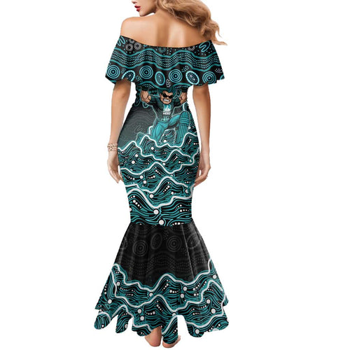 Brisbane Heat Cricket Mascot Family Matching Mermaid Dress and Hawaiian Shirt Aboriginal Dot Art Cyan And Black Tribal Pattern