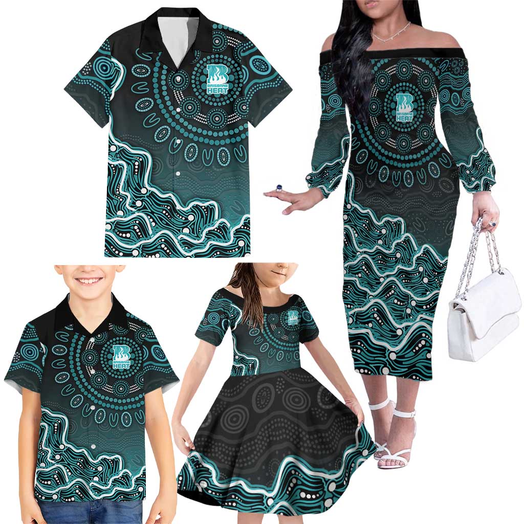 Brisbane Heat Cricket Mascot Family Matching Off The Shoulder Long Sleeve Dress and Hawaiian Shirt Aboriginal Dot Art Cyan And Black Tribal Pattern