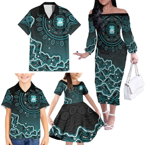 Brisbane Heat Cricket Mascot Family Matching Off The Shoulder Long Sleeve Dress and Hawaiian Shirt Aboriginal Dot Art Cyan And Black Tribal Pattern