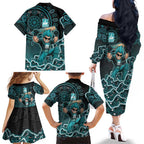 Brisbane Heat Cricket Mascot Family Matching Off The Shoulder Long Sleeve Dress and Hawaiian Shirt Aboriginal Dot Art Cyan And Black Tribal Pattern