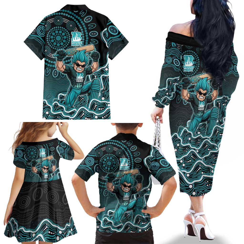 Brisbane Heat Cricket Mascot Family Matching Off The Shoulder Long Sleeve Dress and Hawaiian Shirt Aboriginal Dot Art Cyan And Black Tribal Pattern