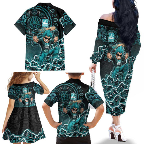 Brisbane Heat Cricket Mascot Family Matching Off The Shoulder Long Sleeve Dress and Hawaiian Shirt Aboriginal Dot Art Cyan And Black Tribal Pattern
