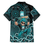 Brisbane Heat Cricket Mascot Family Matching Off The Shoulder Long Sleeve Dress and Hawaiian Shirt Aboriginal Dot Art Cyan And Black Tribal Pattern