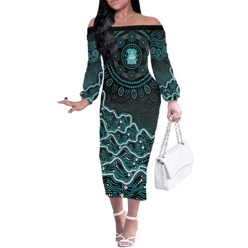 Brisbane Heat Cricket Mascot Family Matching Off The Shoulder Long Sleeve Dress and Hawaiian Shirt Aboriginal Dot Art Cyan And Black Tribal Pattern