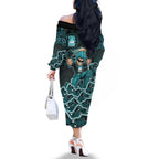 Brisbane Heat Cricket Mascot Family Matching Off The Shoulder Long Sleeve Dress and Hawaiian Shirt Aboriginal Dot Art Cyan And Black Tribal Pattern