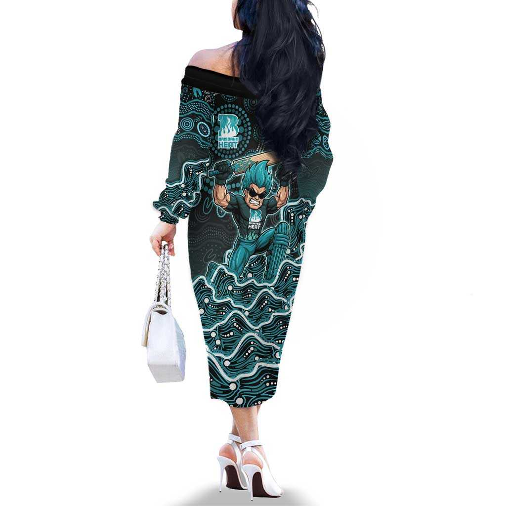 Brisbane Heat Cricket Mascot Family Matching Off The Shoulder Long Sleeve Dress and Hawaiian Shirt Aboriginal Dot Art Cyan And Black Tribal Pattern