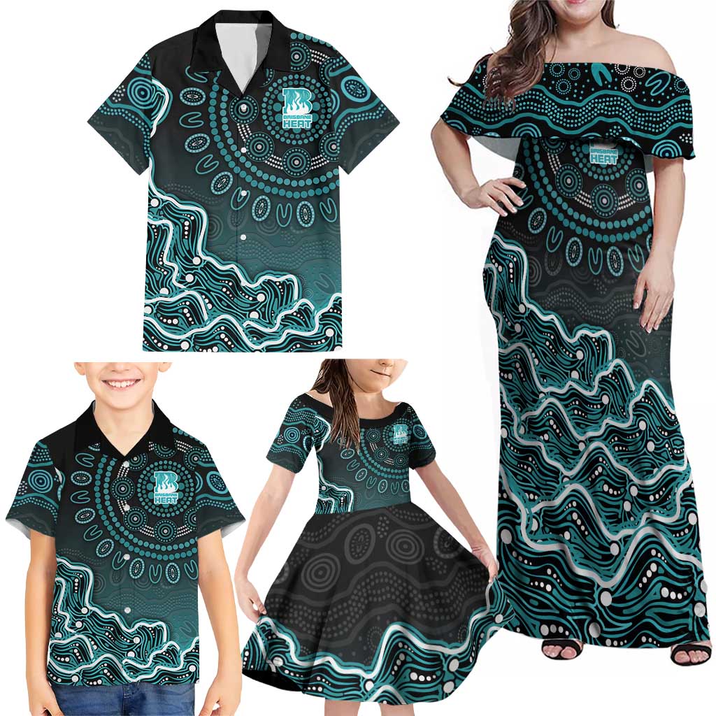 Brisbane Heat Cricket Mascot Family Matching Off Shoulder Maxi Dress and Hawaiian Shirt Aboriginal Dot Art Cyan And Black Tribal Pattern