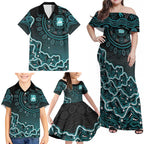 Brisbane Heat Cricket Mascot Family Matching Off Shoulder Maxi Dress and Hawaiian Shirt Aboriginal Dot Art Cyan And Black Tribal Pattern