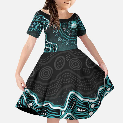 Brisbane Heat Cricket Mascot Family Matching Off Shoulder Maxi Dress and Hawaiian Shirt Aboriginal Dot Art Cyan And Black Tribal Pattern