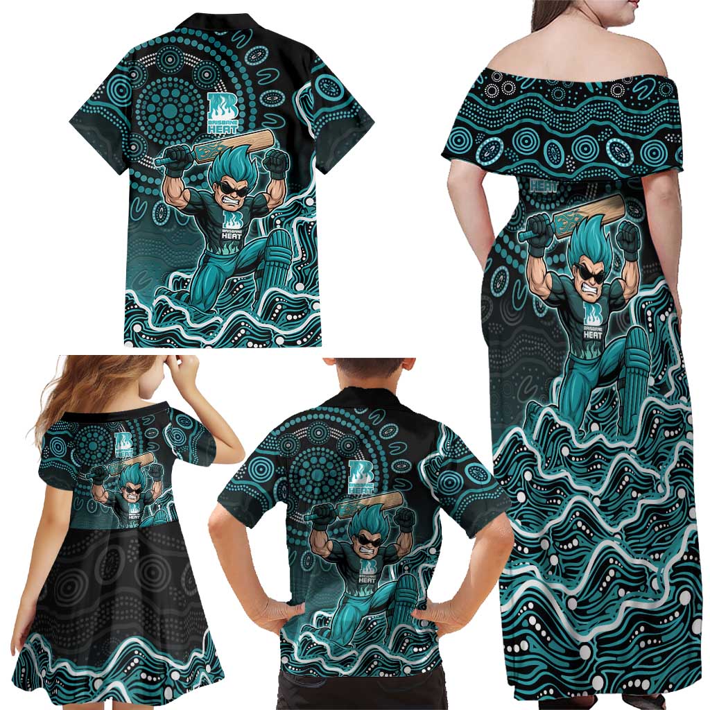 Brisbane Heat Cricket Mascot Family Matching Off Shoulder Maxi Dress and Hawaiian Shirt Aboriginal Dot Art Cyan And Black Tribal Pattern